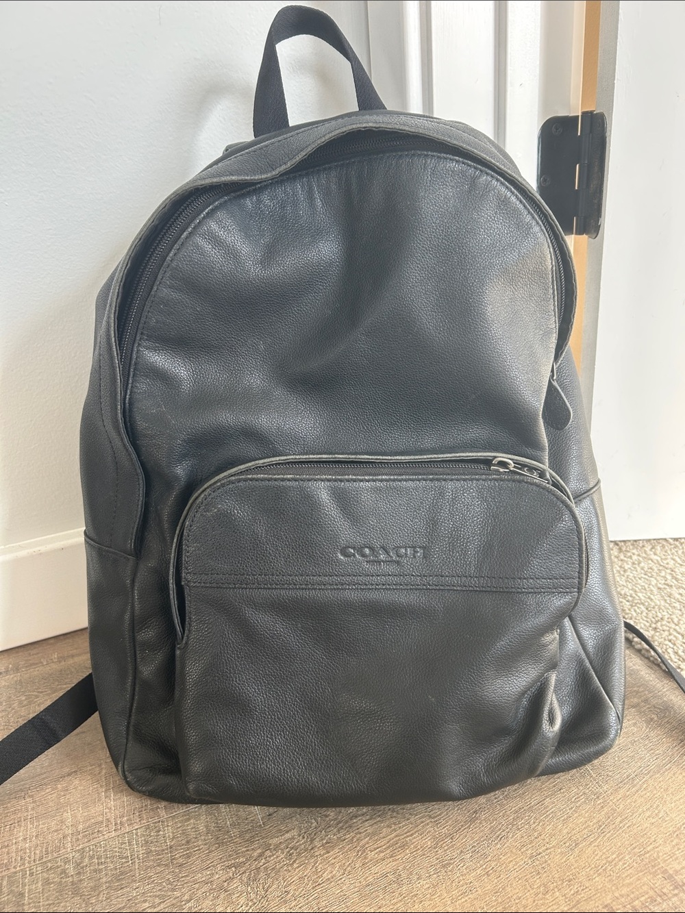Coach Black Pebbled Leather Backpack with Front Zip Pocket